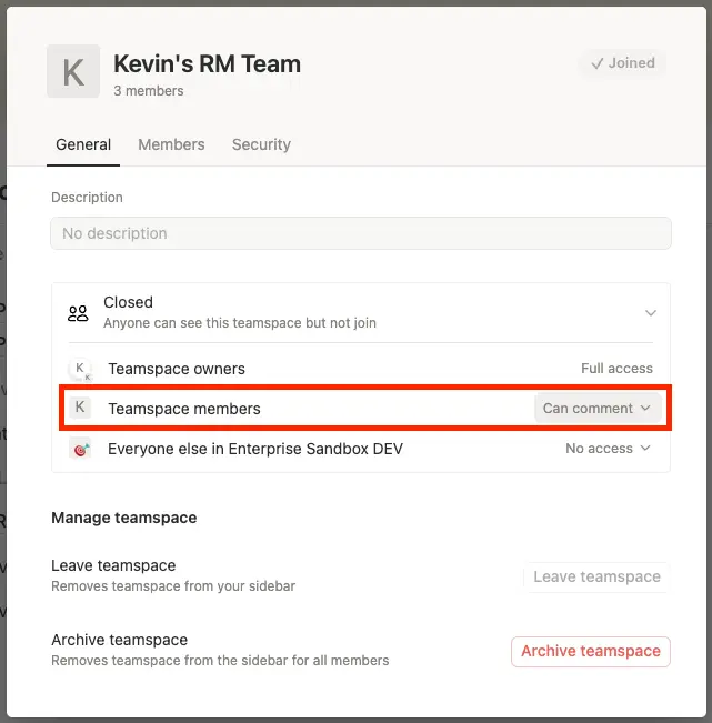 hc: change regular member access level in a teamspace