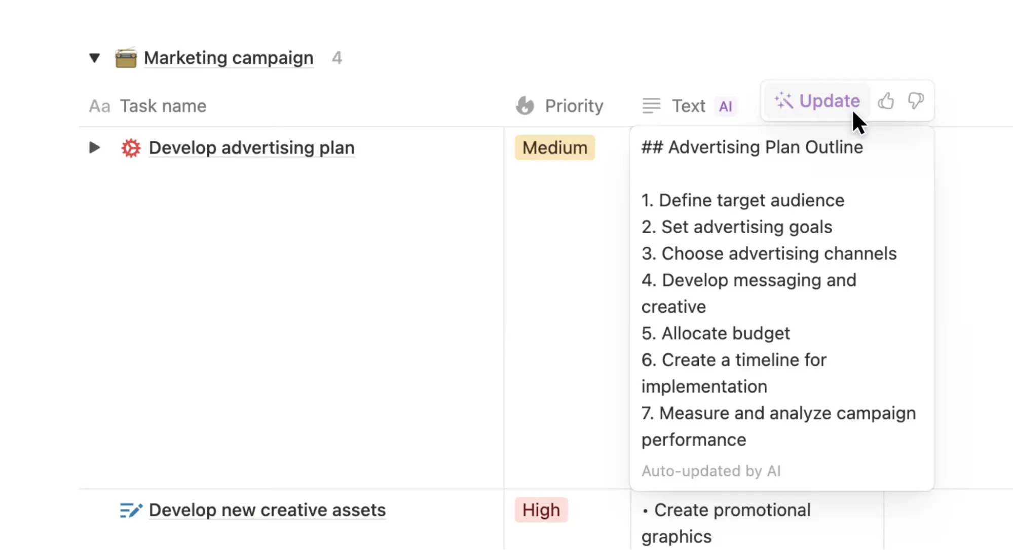 An example of using Notion AI to auto-update a document summary