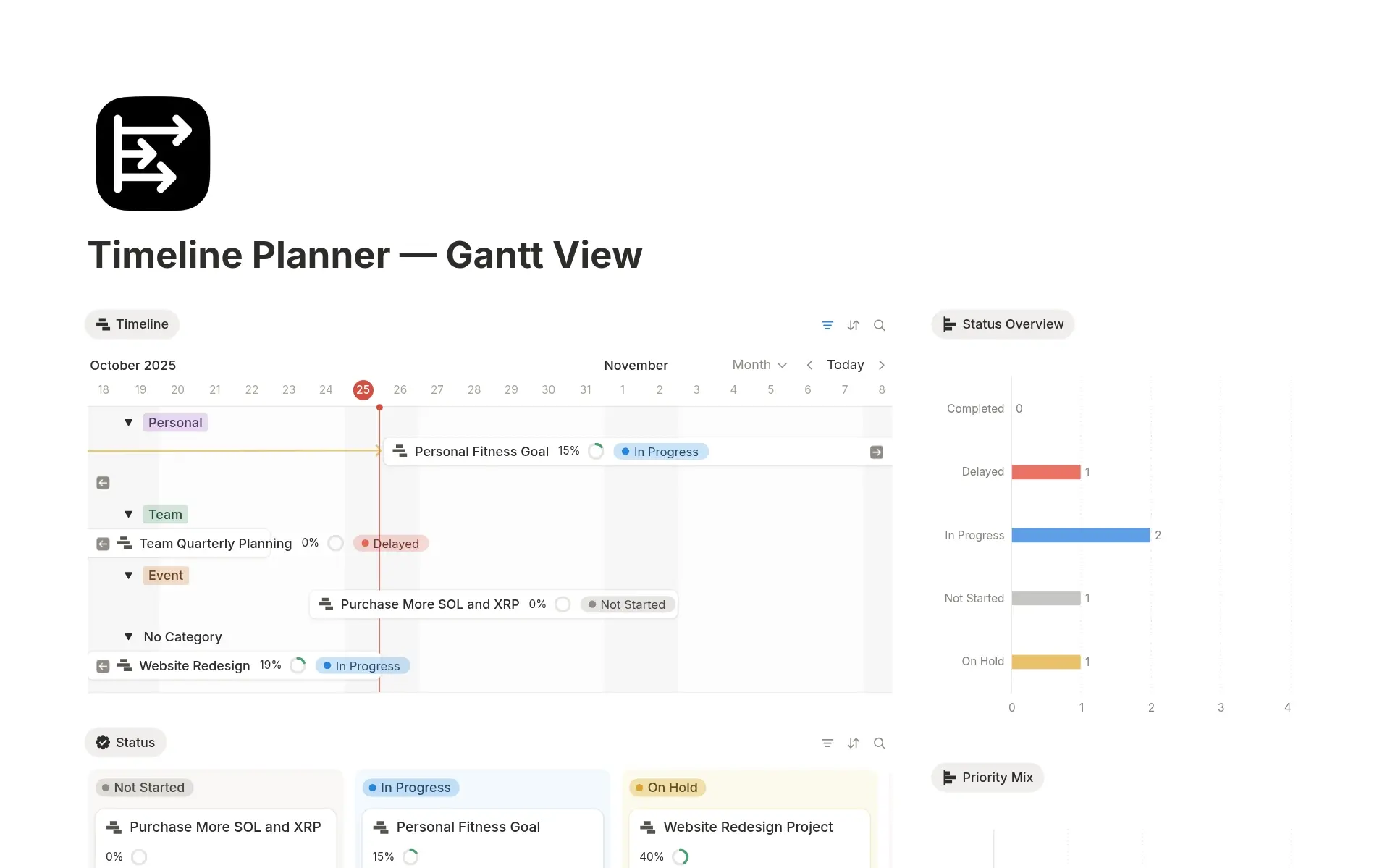 A template preview for Timeline Planner — Gantt View