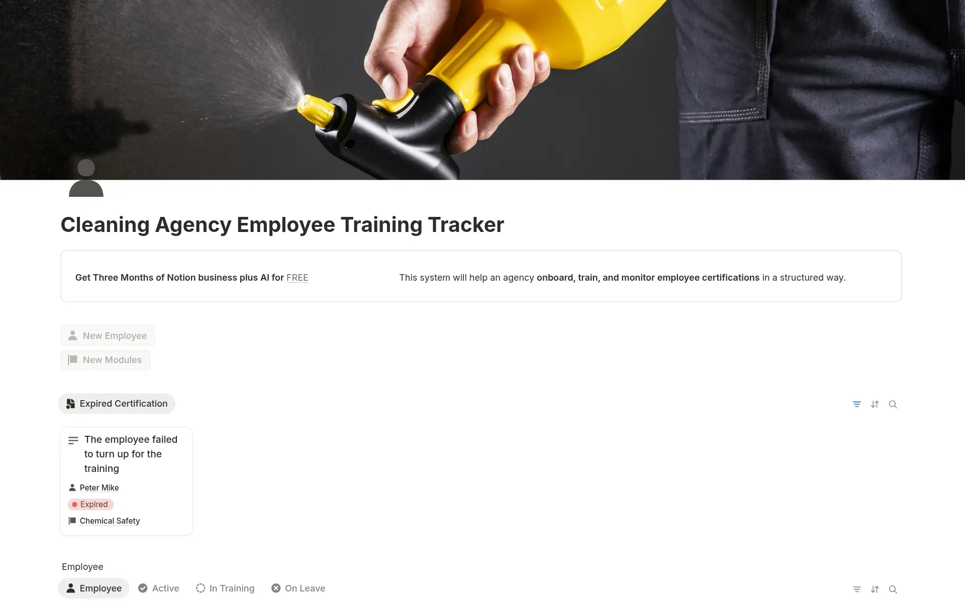 A template preview for Cleaning Agency Employee Training Tracker