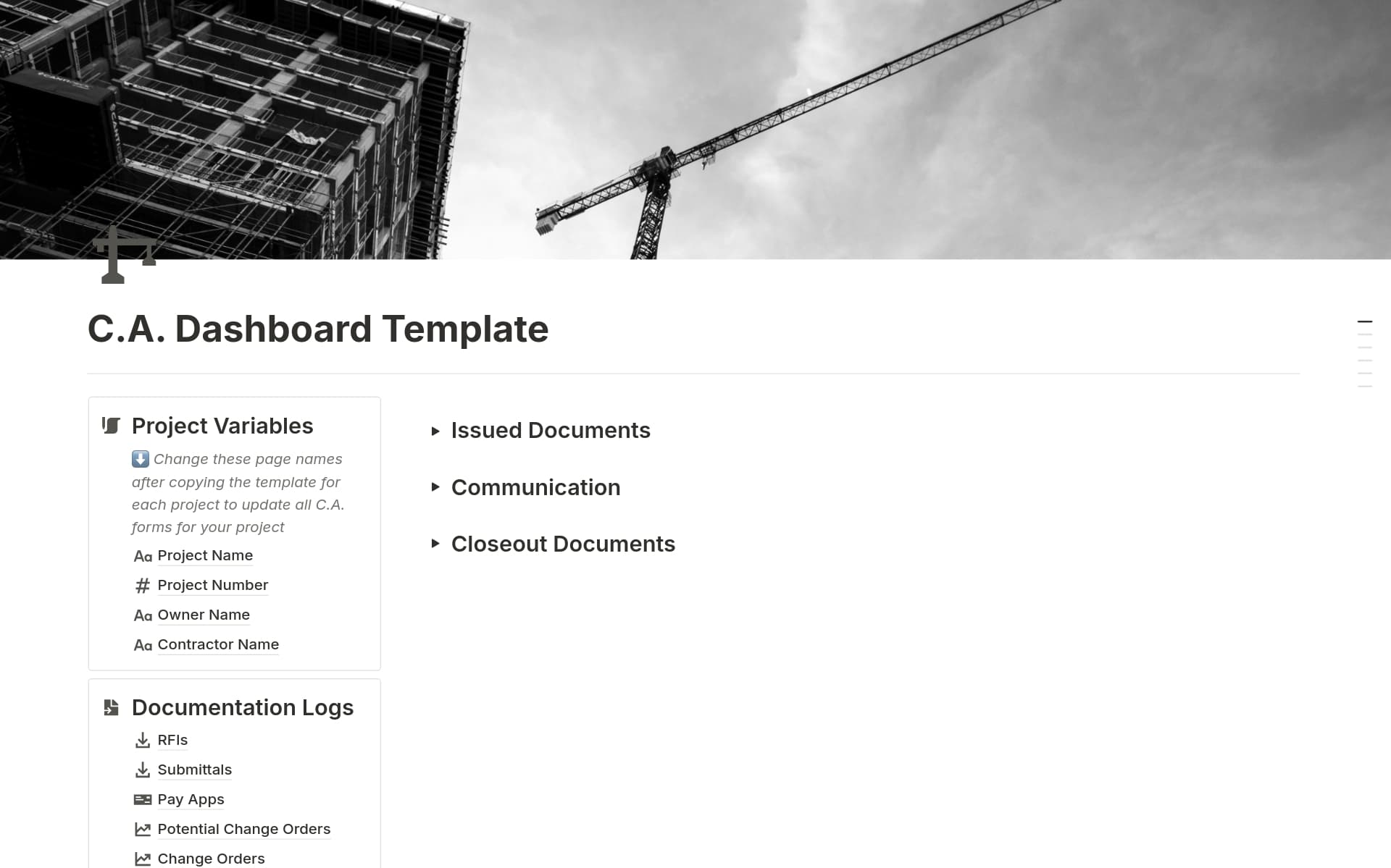 A template preview for Construction Administration Dashboard