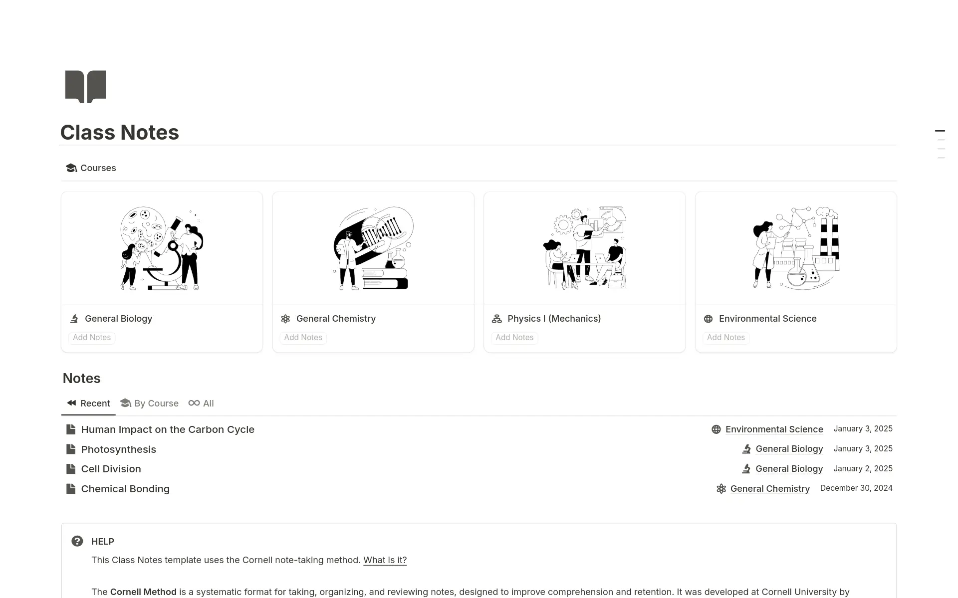 A template preview for Class Notes