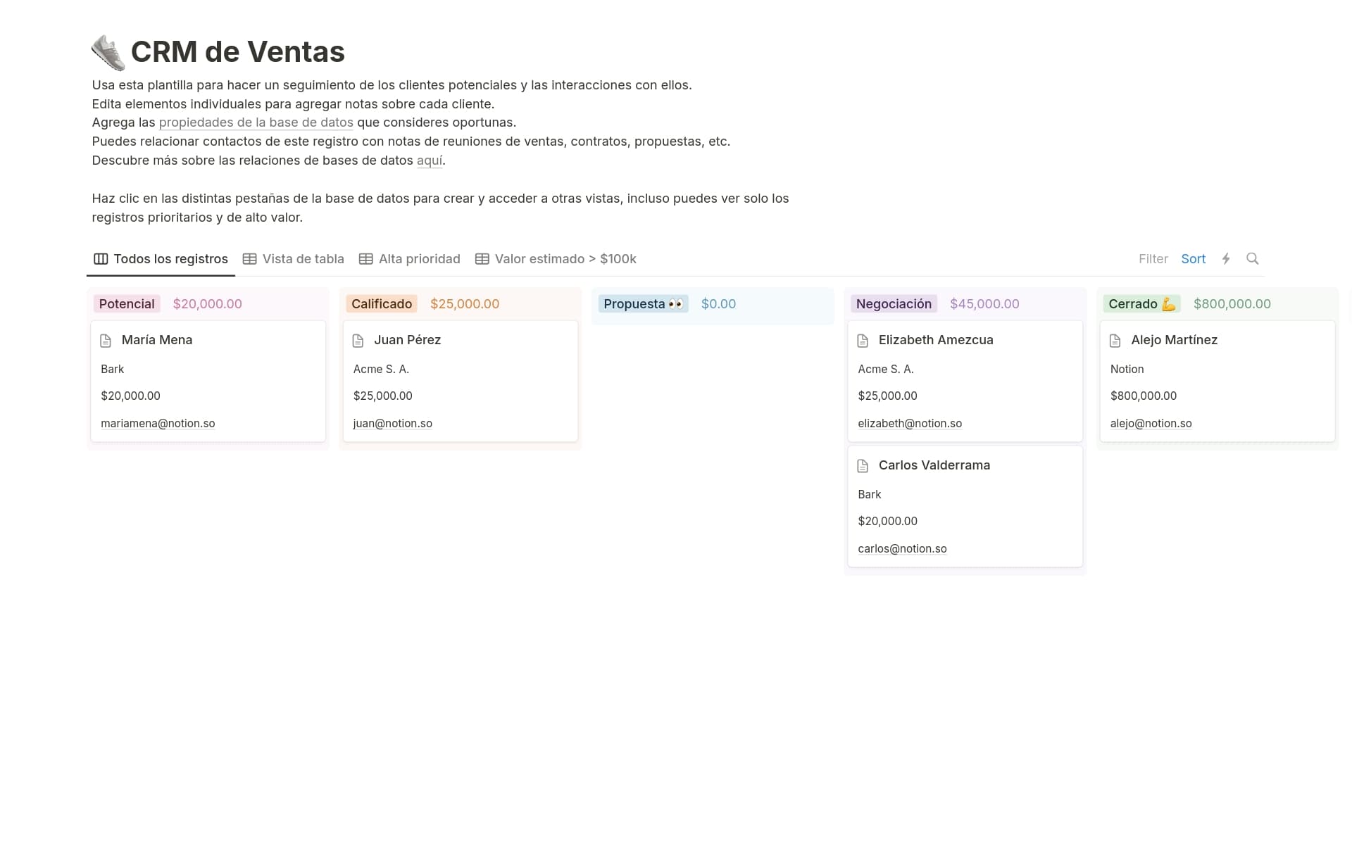 Vista previa de una plantilla para CRM de Ventas