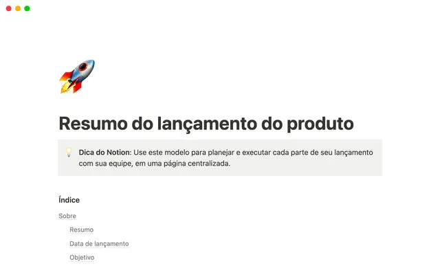 Resumo de lançamento do produto
