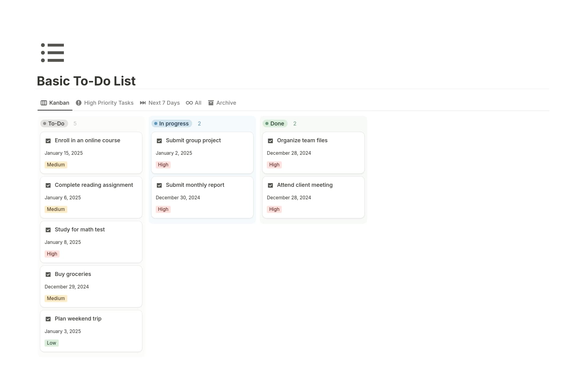 Enhance your productivity with our 𝗕𝗮𝘀𝗶𝗰 𝗧𝗼-𝗗𝗼 𝗟𝗶𝘀𝘁 Notion template! This intuitive tool allows you to effortlessly add tasks, assign priority levels, set due dates, and monitor completion status.